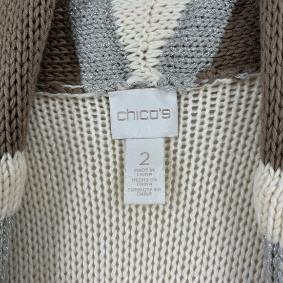 Chico's Cardigan Duster Sweater Vest Size L Cream Beige Silver Thread - Picture 3 of 11